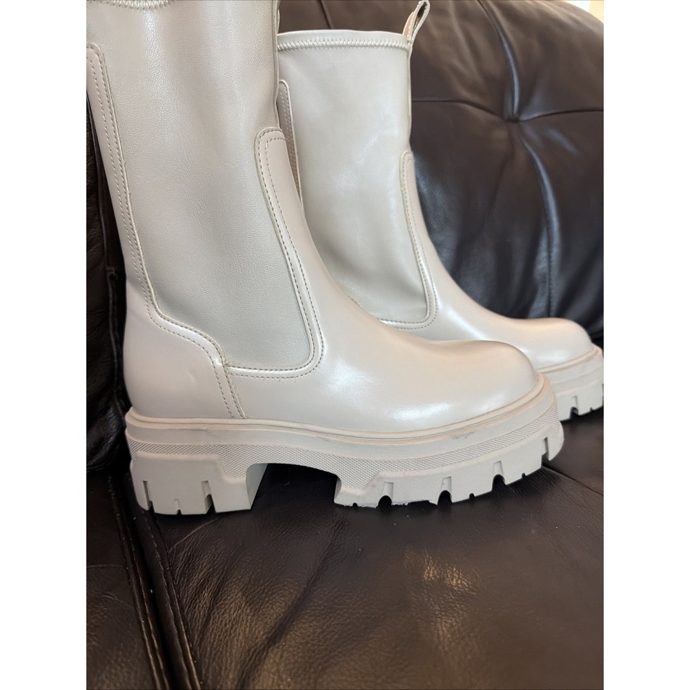 H&M Boots Women US 5 EU 36 Taupe Faux Leather Chunky Knee High Waterproof EUC